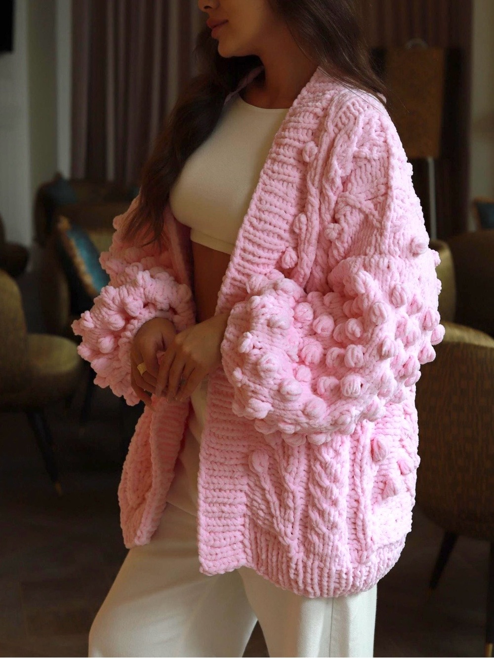 Cozy Chunky Knit Women's Sweater Cardigan - Buttery Pink - Handmade